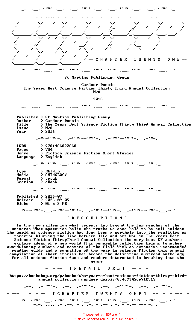 NFO for the release St.Martins.Publishing.Group.-.The.Years.Best.Science.Fiction.Thirty-Third.Annual.Collection.2016.RETAIL.EPUB.eBook-CTO by CTO