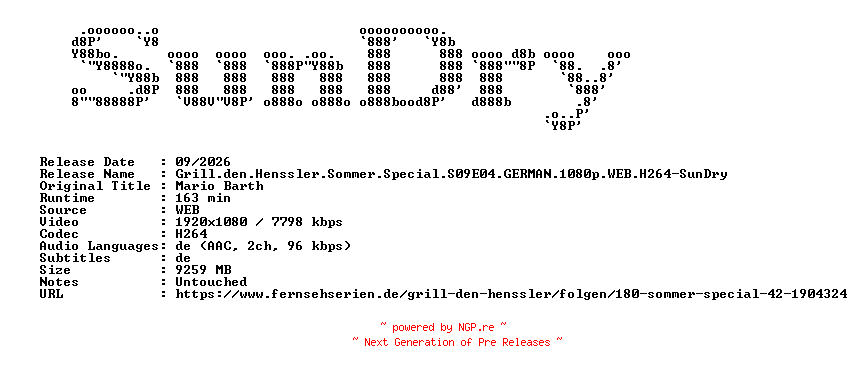 NFO for the release Grill.den.Henssler.Sommer.Special.S09E04.GERMAN.1080p.WEB.H264-SunDry by SunDry