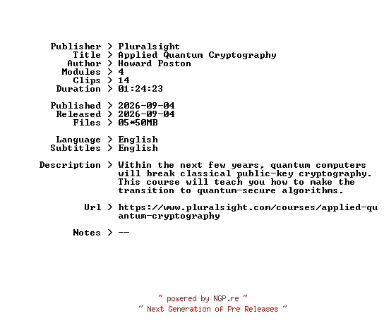 NFO for the release Pluralsight.Applied.Quantum.Cryptography.2026.BOOKWARE-GETH by GETH
