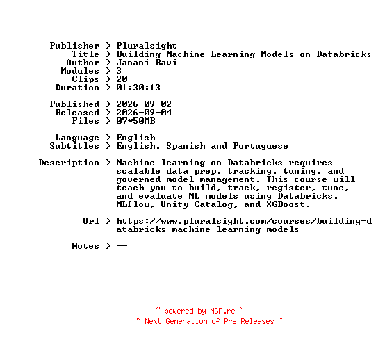 NFO for the release Pluralsight.Building.Machine.Learning.Models.on.Databricks.2026.BOOKWARE-GETH by GETH