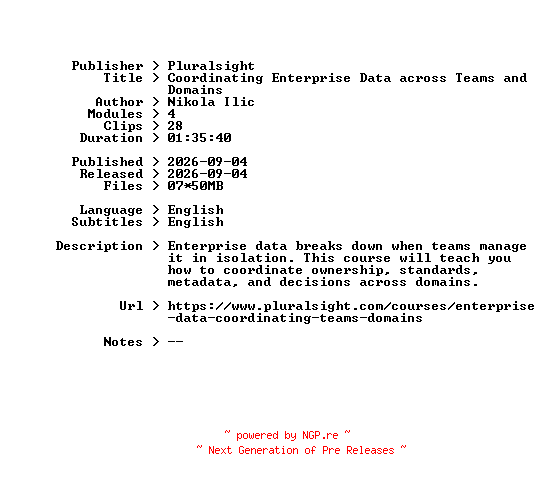 NFO for the release Pluralsight.Coordinating.Enterprise.Data.across.Teams.and.Domains.2026.BOOKWARE-GETH by GETH