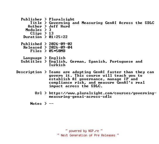 NFO for the release Pluralsight.Governing.and.Measuring.GenAI.Across.the.SDLC.2026.BOOKWARE-GETH by GETH