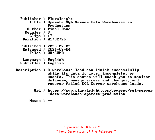 NFO for the release Pluralsight.Operate.SQL.Server.Data.Warehouses.in.Production.2026.BOOKWARE-GETH by GETH