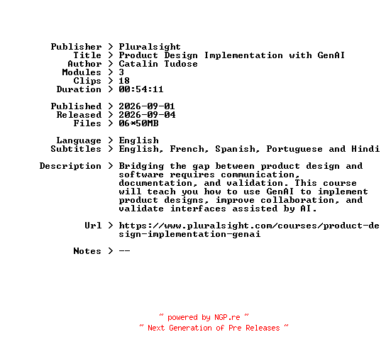 NFO for the release Pluralsight.Product.Design.Implementation.with.GenAI.2026.BOOKWARE-GETH by GETH