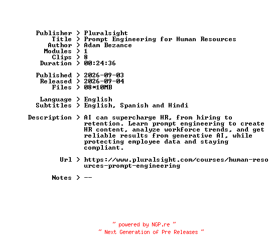 NFO for the release Pluralsight.Prompt.Engineering.for.Human.Resources.2026.BOOKWARE-GETH by GETH