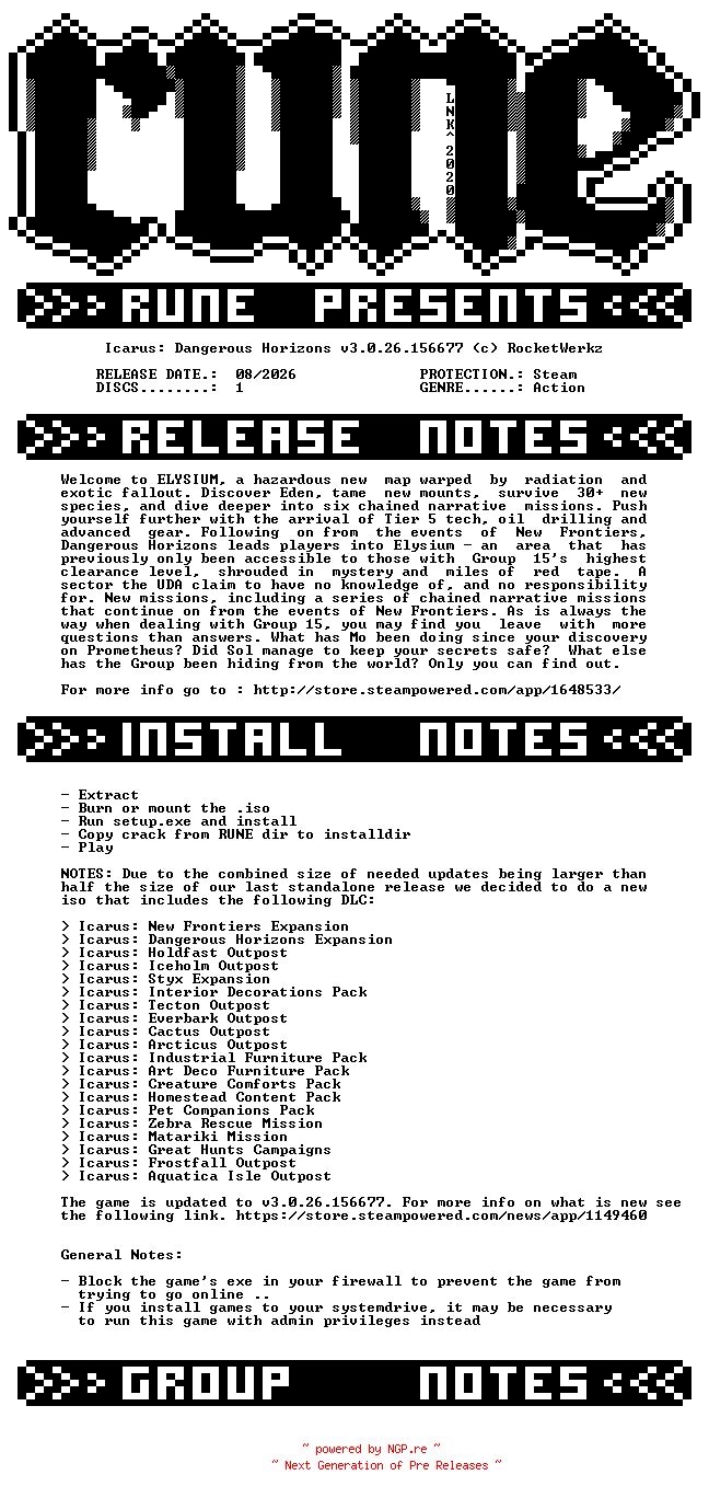 NFO for the release Icarus.Dangerous.Horizons.v3.0.26.156677-RUNE by RUNE