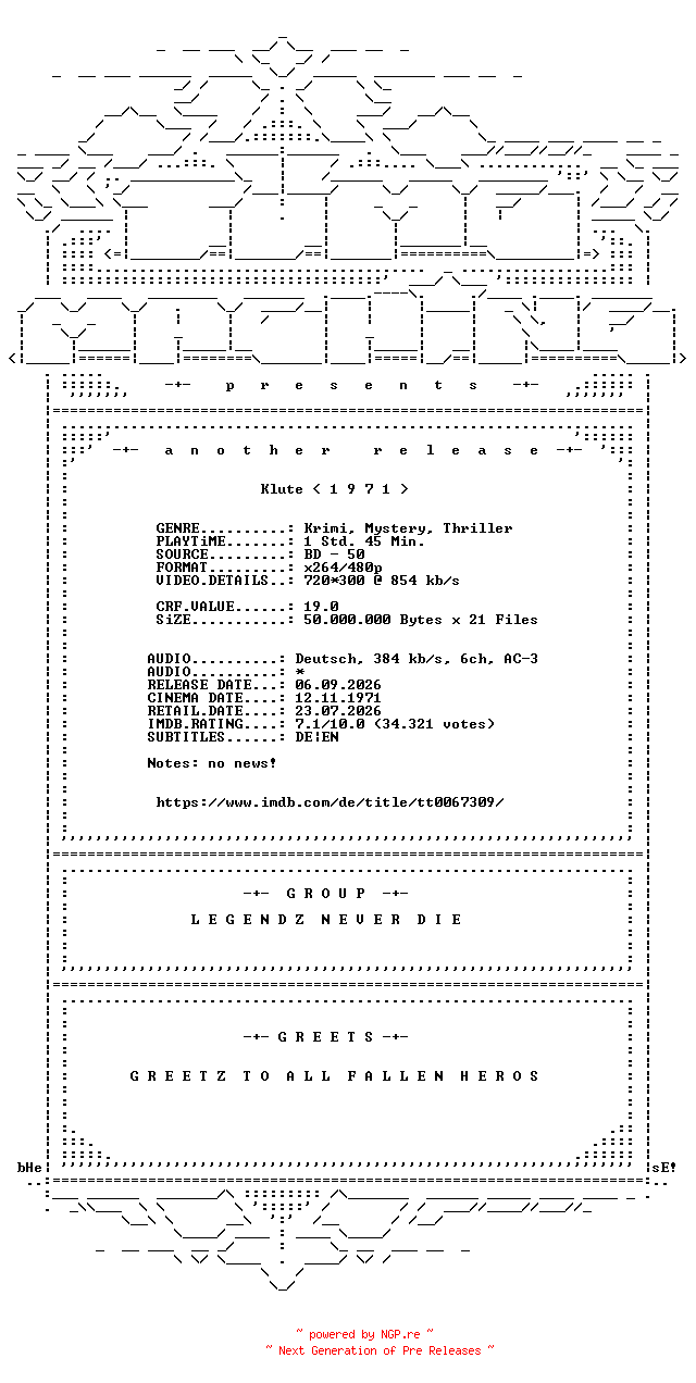 NFO for the release Klute.REMASTERED.German.1971.AC3.BDRip.x264-TM by TM