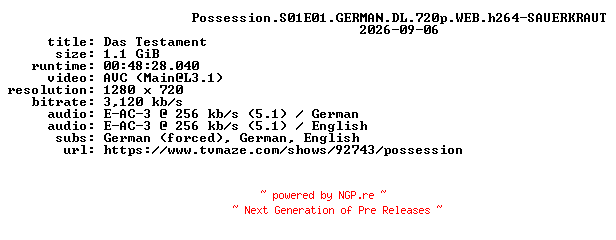 NFO for the release Possession.S01E01.GERMAN.DL.720p.WEB.h264-SAUERKRAUT by SAUERKRAUT