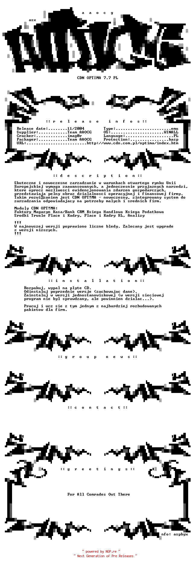 NFO for the release CDN.OPTIMA.v7.7.PL-AAoCG by AAoCG