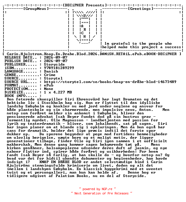 NFO for the release Carin.Hjulstrom.Knap.En.Drabe.Blod.2026.DANiSH.RETAiL.ePub.eBOOK-DECiPHER by DECiPHER