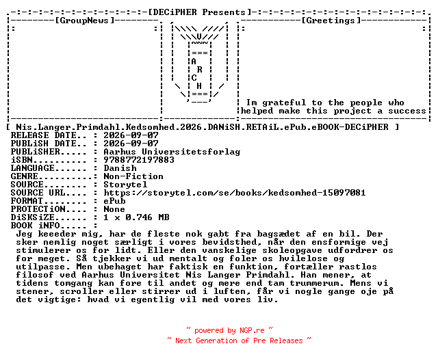 NFO for the release Nis.Langer.Primdahl.Kedsomhed.2026.DANiSH.RETAiL.ePub.eBOOK-DECiPHER by DECiPHER