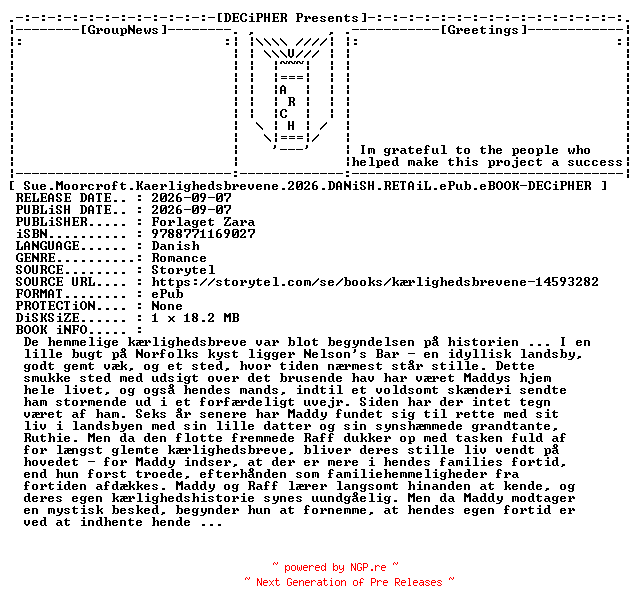 NFO for the release Sue.Moorcroft.Kaerlighedsbrevene.2026.DANiSH.RETAiL.ePub.eBOOK-DECiPHER by DECiPHER