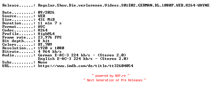 NFO for the release Regular.Show.Die.verlorenen.Videos.S01E02.GERMAN.DL.1080P.WEB.H264-WAYNE by WAYNE