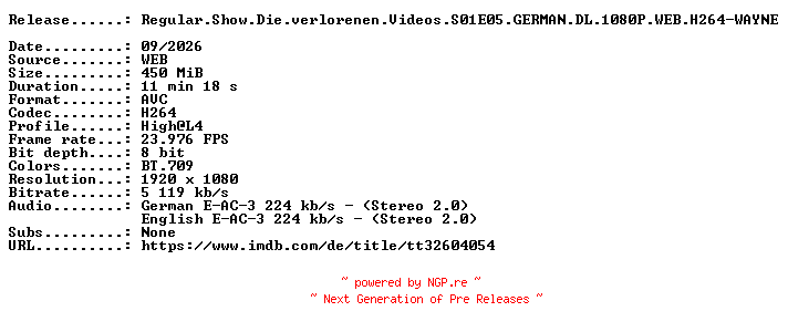 NFO for the release Regular.Show.Die.verlorenen.Videos.S01E05.GERMAN.DL.1080P.WEB.H264-WAYNE by WAYNE
