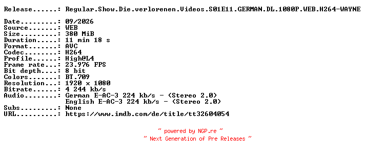 NFO for the release Regular.Show.Die.verlorenen.Videos.S01E11.GERMAN.DL.1080P.WEB.H264-WAYNE by WAYNE
