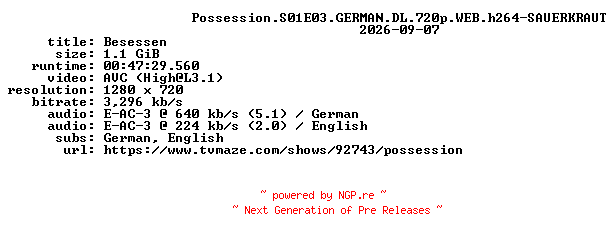 NFO for the release Possession.S01E03.GERMAN.DL.720p.WEB.h264-SAUERKRAUT by SAUERKRAUT