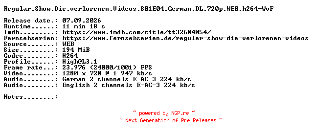 NFO for the release Regular.Show.Die.verlorenen.Videos.S01E04.German.DL.720p.WEB.h264-WvF by WvF