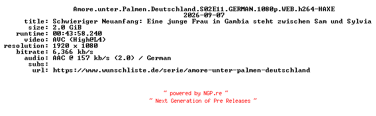 NFO for the release Amore.unter.Palmen.Deutschland.S02E11.GERMAN.1080p.WEB.h264-HAXE by HAXE