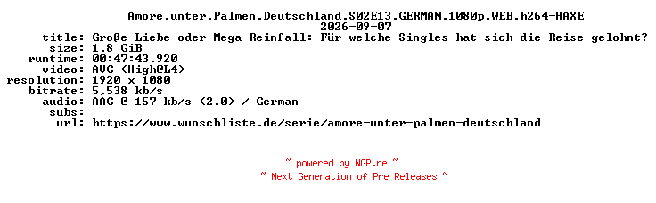 NFO for the release Amore.unter.Palmen.Deutschland.S02E13.GERMAN.1080p.WEB.h264-HAXE by HAXE