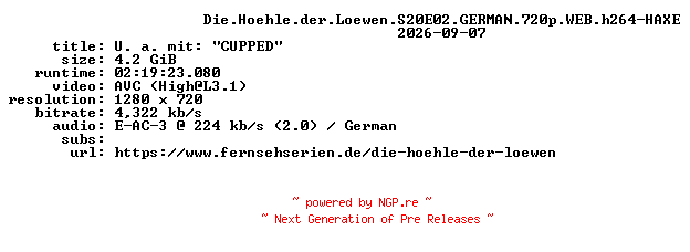 NFO for the release Die.Hoehle.der.Loewen.S20E02.GERMAN.720p.WEB.h264-HAXE by HAXE