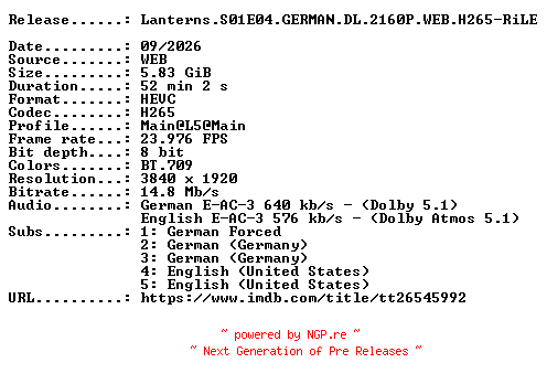 NFO for the release Lanterns.S01E04.GERMAN.DL.2160P.WEB.H265-RiLE by RiLE