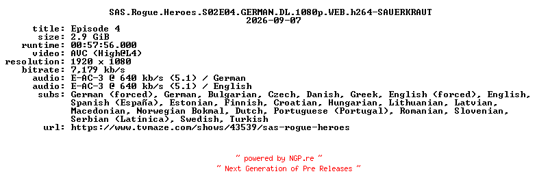 NFO for the release SAS.Rogue.Heroes.S02E04.GERMAN.DL.1080p.WEB.h264-SAUERKRAUT by SAUERKRAUT