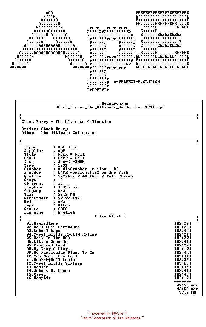 NFO for the release Chuck_Berry-_The_Ultimate_Collection-1991-ApE by ApE