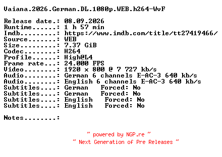NFO for the release Vaiana.2026.German.DL.1080p.WEB.h264-WvF by WvF