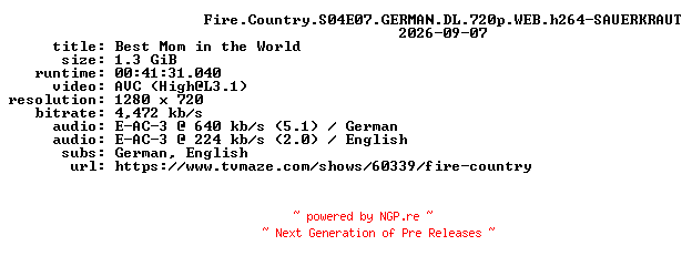 NFO for the release Fire.Country.S04E07.GERMAN.DL.720p.WEB.h264-SAUERKRAUT by SAUERKRAUT
