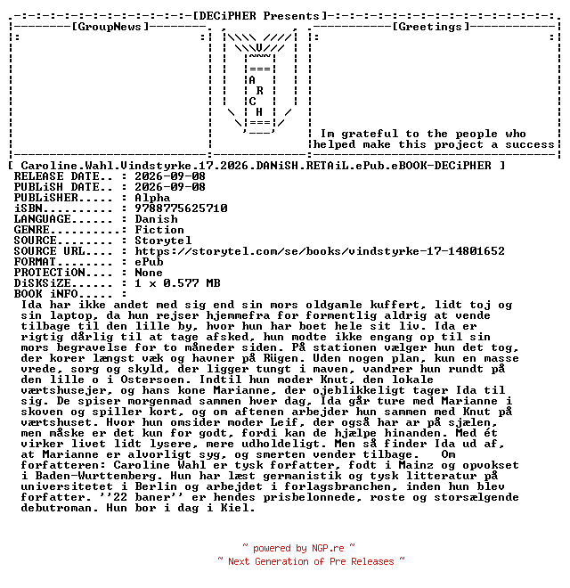 NFO for the release Caroline.Wahl.Vindstyrke.17.2026.DANiSH.RETAiL.ePub.eBOOK-DECiPHER by DECiPHER