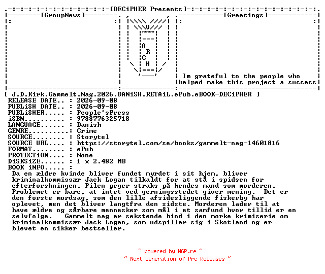 NFO for the release J.D.Kirk.Gammelt.Nag.2026.DANiSH.RETAiL.ePub.eBOOK-DECiPHER by DECiPHER
