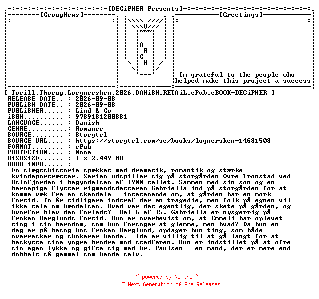 NFO for the release Torill.Thorup.Loegnersken.2026.DANiSH.RETAiL.ePub.eBOOK-DECiPHER by DECiPHER