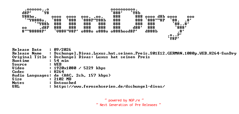NFO for the release Dschungel.Divas.Luxus.hat.seinen.Preis.S01E12.GERMAN.1080p.WEB.H264-SunDry by SunDry