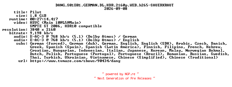 NFO for the release DANG.S01E01.GERMAN.DL.HDR.2160p.WEB.h265-SAUERKRAUT by SAUERKRAUT