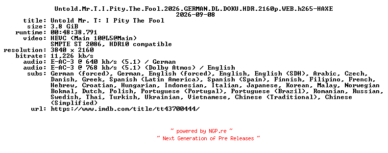 NFO for the release Untold.Mr.T.I.Pity.The.Fool.2026.GERMAN.DL.DOKU.HDR.2160p.WEB.h265-HAXE by HAXE