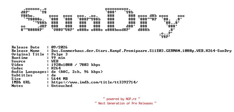 NFO for the release Das.Sommerhaus.der.Stars.Kampf.Promipaare.S11E03.GERMAN.1080p.WEB.H264-SunDry by SunDry