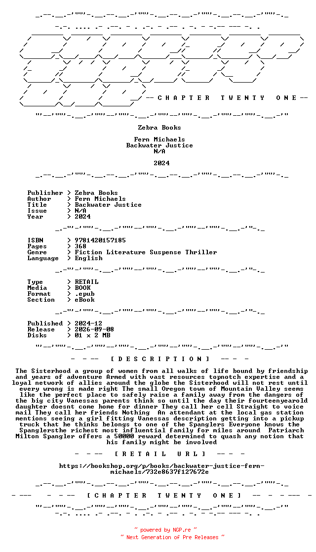 NFO for the release Fern.Michaels.-.Backwater.Justice.2024.RETAIL.EPUB.eBook-CTO by CTO