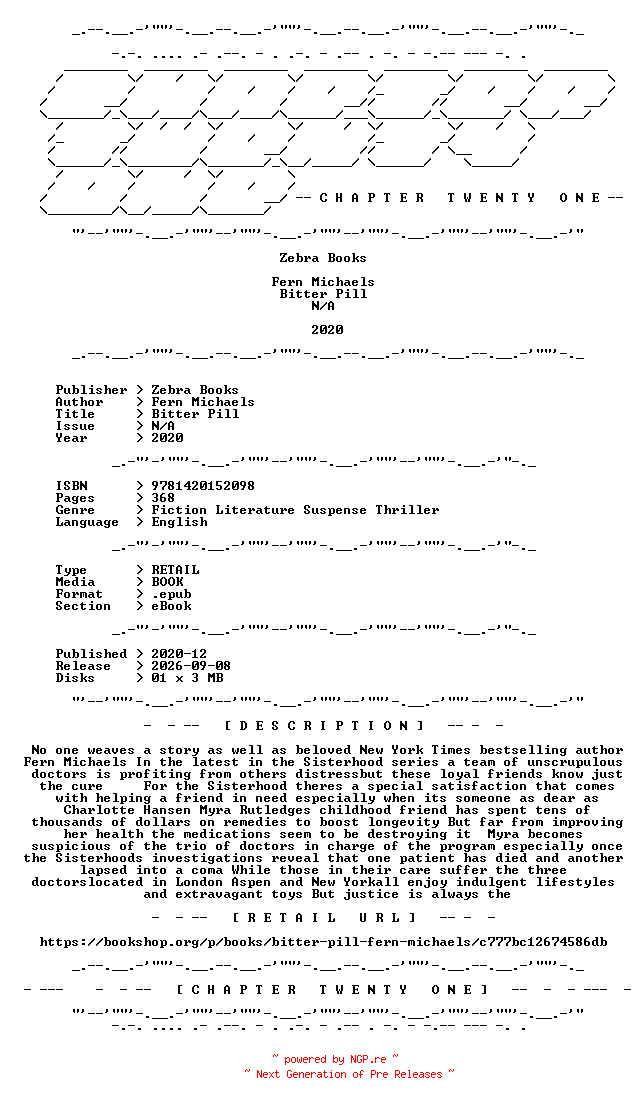 NFO for the release Fern.Michaels.-.Bitter.Pill.2020.RETAIL.EPUB.eBook-CTO by CTO