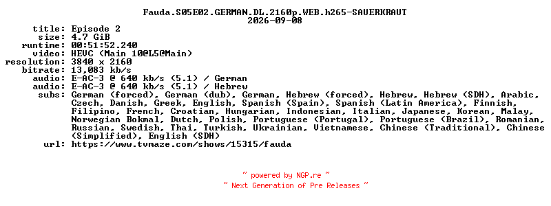 NFO for the release Fauda.S05E02.GERMAN.DL.2160p.WEB.h265-SAUERKRAUT by SAUERKRAUT