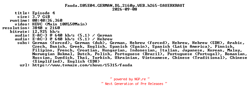 NFO for the release Fauda.S05E04.GERMAN.DL.2160p.WEB.h265-SAUERKRAUT by SAUERKRAUT