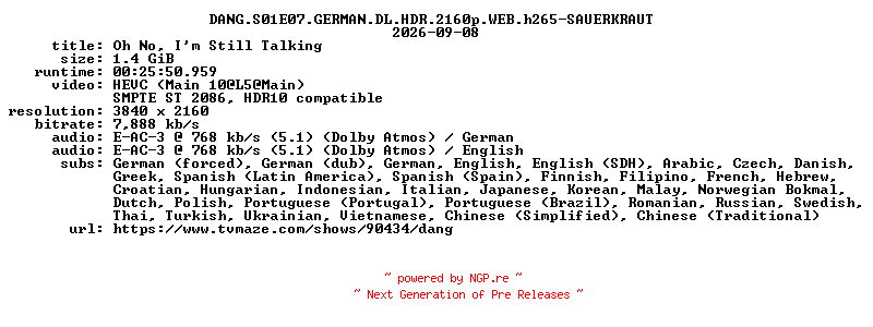 NFO for the release DANG.S01E07.GERMAN.DL.HDR.2160p.WEB.h265-SAUERKRAUT by SAUERKRAUT