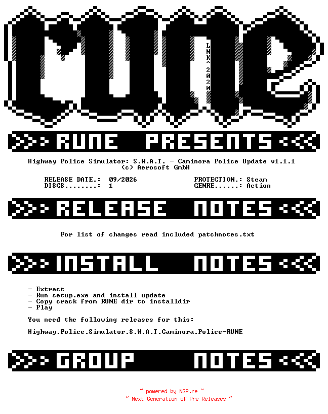 NFO for the release Highway.Police.Simulator.S.W.A.T.Caminora.Police.Update.v1.1.1-RUNE by RUNE