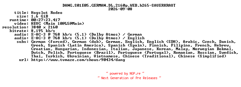 NFO for the release DANG.S01E05.GERMAN.DL.2160p.WEB.h265-SAUERKRAUT by SAUERKRAUT