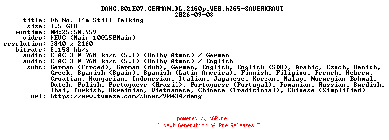 NFO for the release DANG.S01E07.GERMAN.DL.2160p.WEB.h265-SAUERKRAUT by SAUERKRAUT