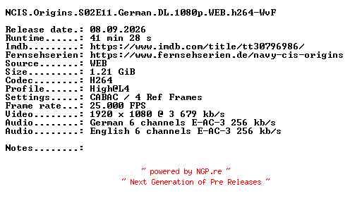NFO for the release NCIS.Origins.S02E11.German.DL.1080p.WEB.h264-WvF by WvF