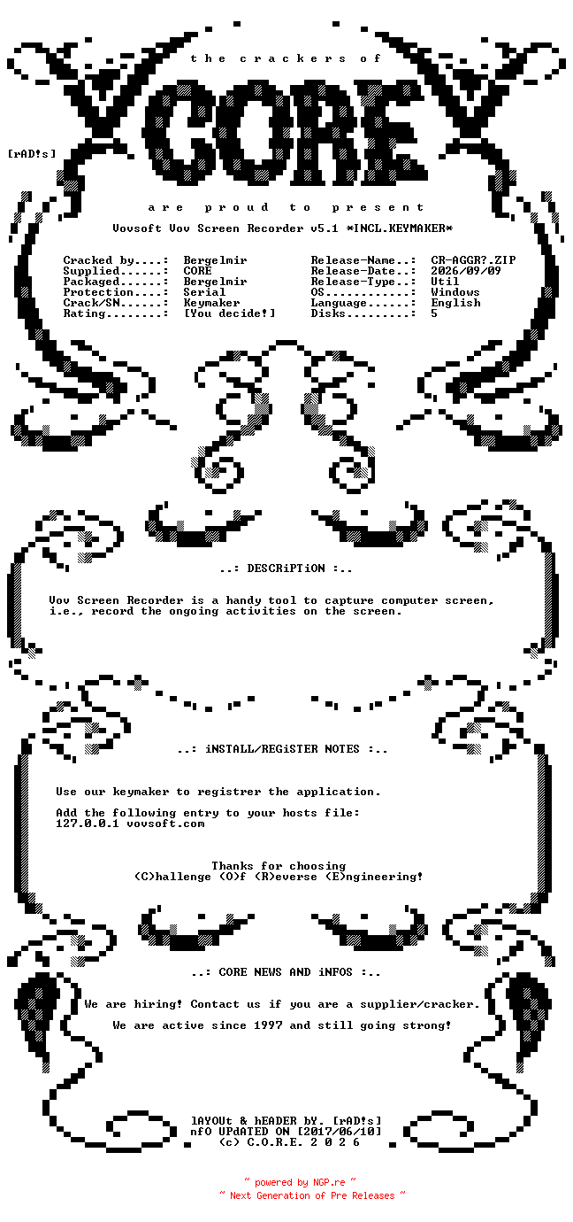 NFO for the release Vovsoft.Vov.Screen.Recorder.v5.1.x64.Incl.Keymaker-CORE by CORE