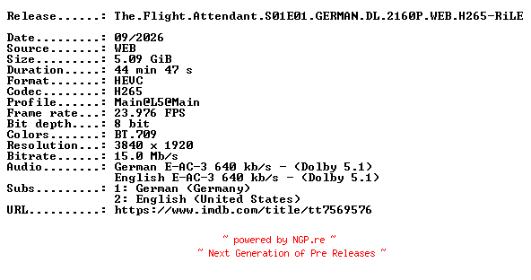 NFO for the release The.Flight.Attendant.S01E01.GERMAN.DL.2160P.WEB.H265-RiLE by RiLE