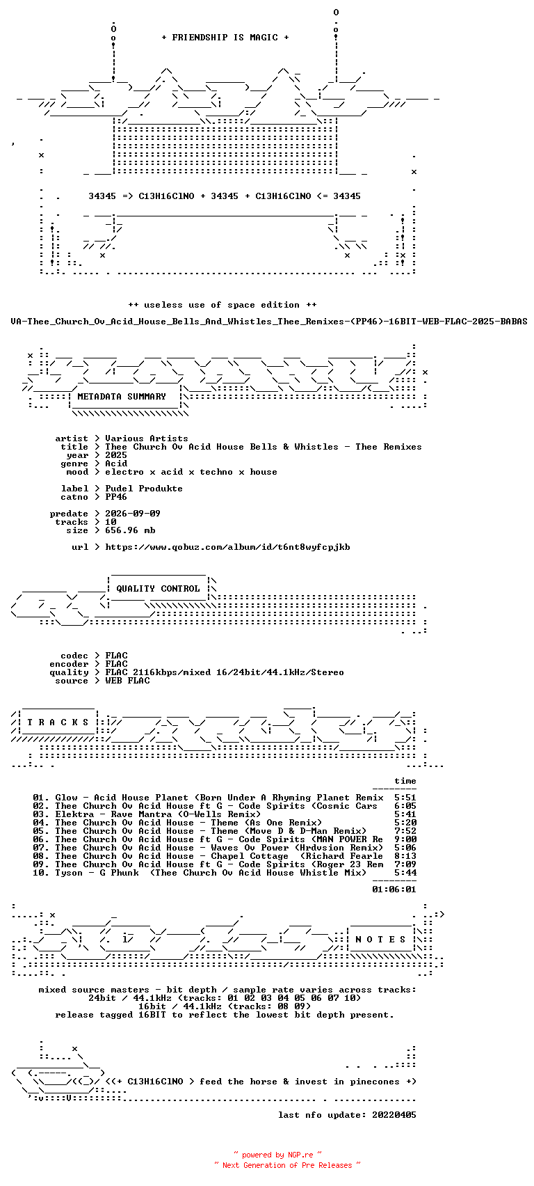 NFO for the release VA-Thee_Church_Ov_Acid_House_Bells_And_Whistles_Thee_Remixes-(PP46)-16BIT-WEB-FLAC-2025-BABAS by BABAS