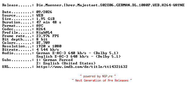 NFO for the release Die.Maenner.Ihrer.Majestaet.S02E06.GERMAN.DL.1080P.WEB.H264-WAYNE by WAYNE