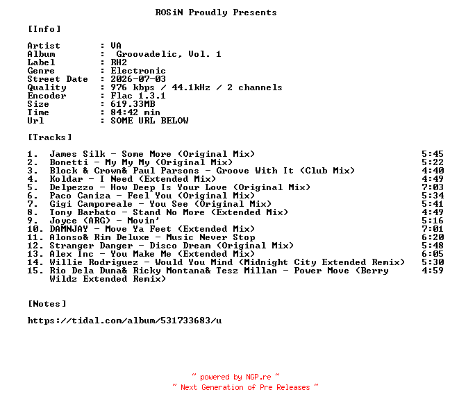 NFO for the release VA-Groovadelic_Vol._1-16BIT-WEB-FLAC-2026-ROSiN by ROSiN
